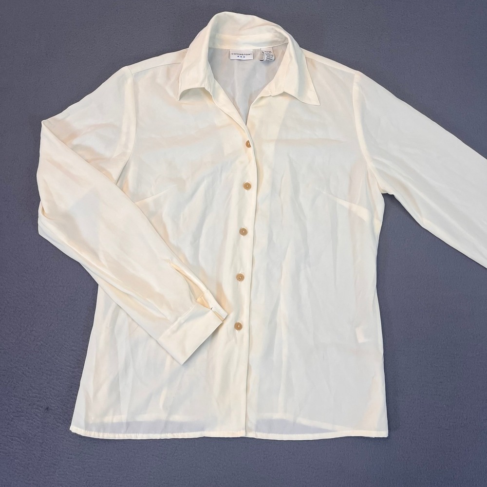 Covington‎ Womens SM 6-8 Long Sleeve Button Up Blouse Ivory Sheer Brown Button